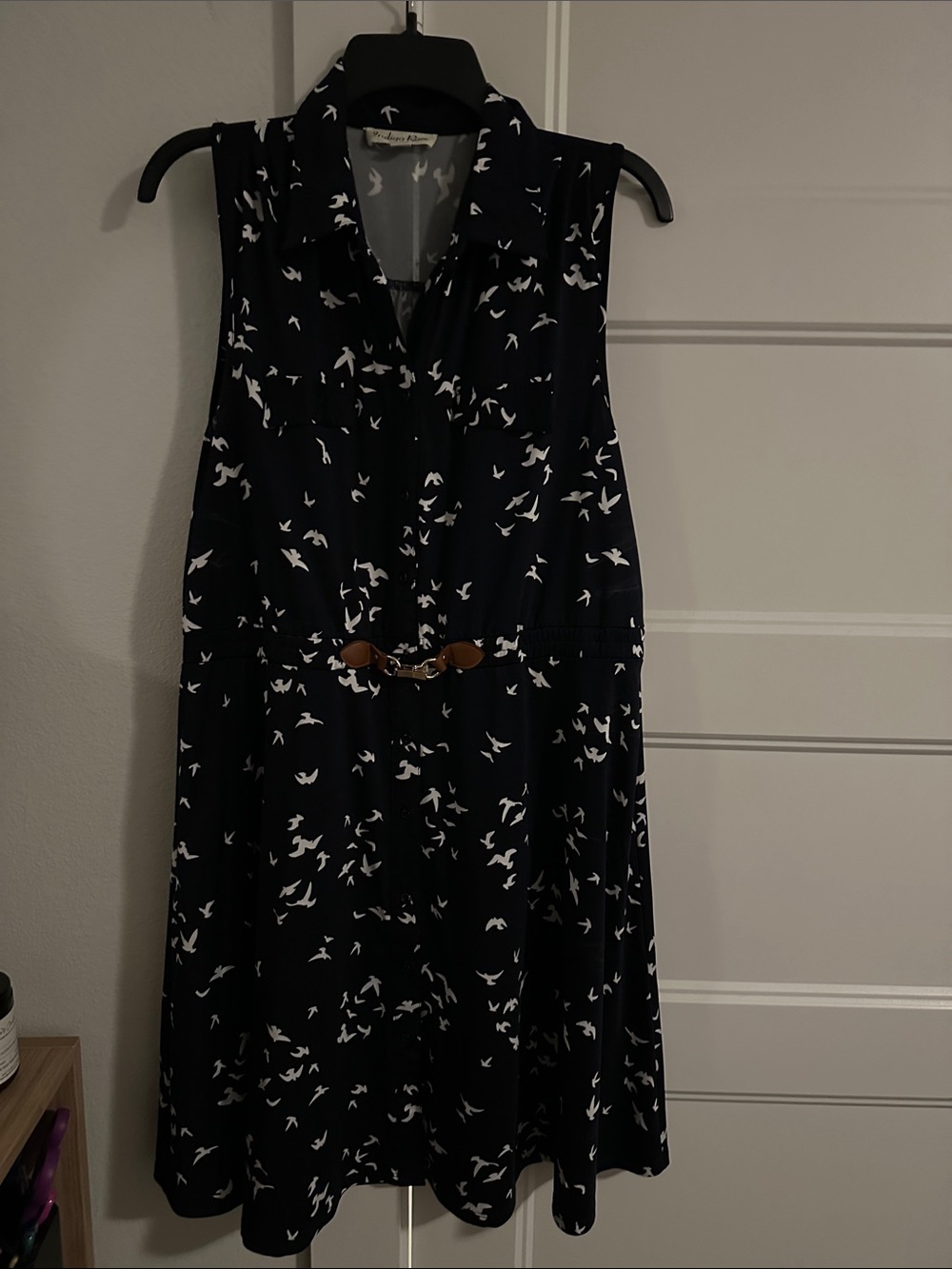Sleeveless Navy Bird Print Belted Shirt Dress